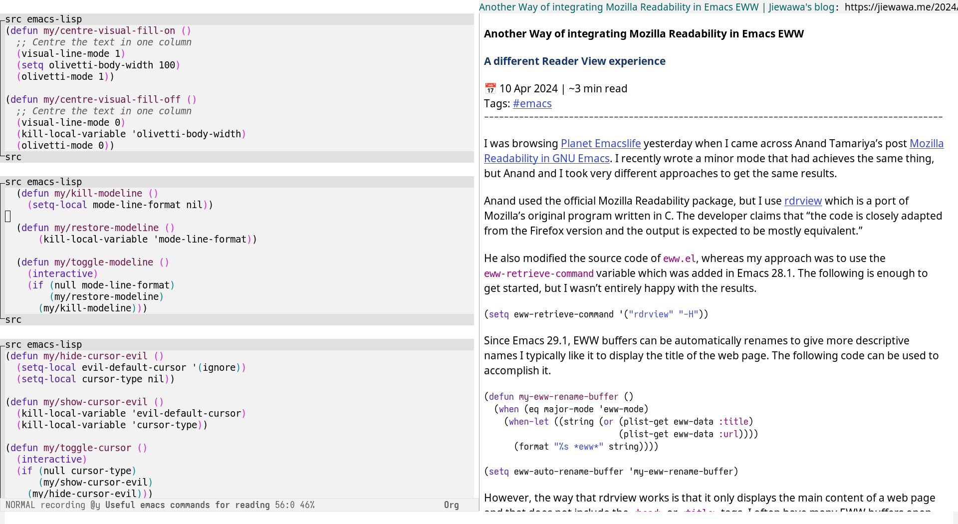 Figure 1: Screenshot showing Org Mode on the left and eww with cursor hidden on the right